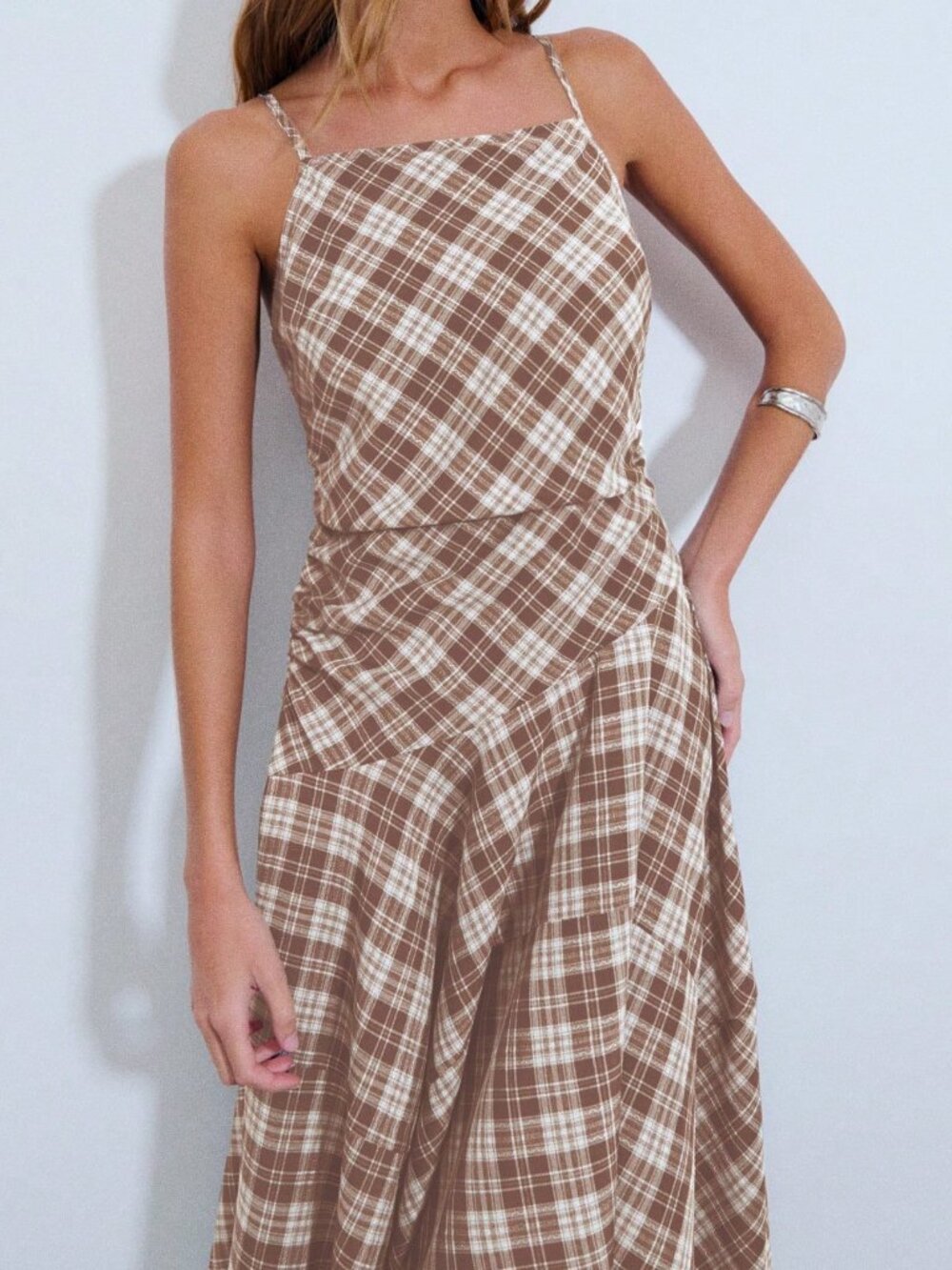 Camel Casual Women's Asymmetrical Plaid Midi Dress - Picture 4 of 7